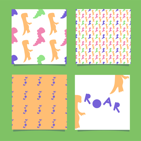 Silhouettes of dinosaurs for the design of children's clothing, textiles, walls, birthday parties. One seamless dino with dino and the inscription roar. Yellow, green and red. Vector illustration in scandinavian style. Cute print with prehistoric animalのイラスト素材