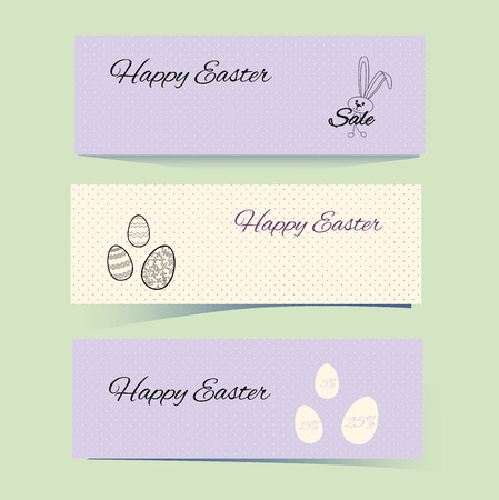 Delicate easter covers with rabbit and dotted patterns. Bunny, eggs and points. Lilac, beige background. Set horizontal vector illustration for blog design, sale, card, certificate, banner. aethereal concept for sale with space for text.のイラスト素材