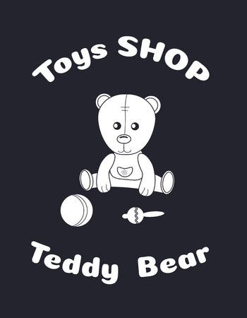 Toy teddy bear in overalls with a ball and rattle. Silhouette sticker. Suitable for window dressing of children's stores, play areas, cutting on a plotter. Vector illustration for poster, layout, cards, coloring pages.のイラスト素材
