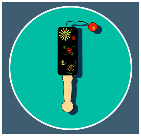 Flat Musical instrument rattle with yellow floral ornament. Folk Russian percussion music. Black logo isolated on blue background. Vector illustration concert equipment in Russian style for music fair, arts poster design, cardsのイラスト素材