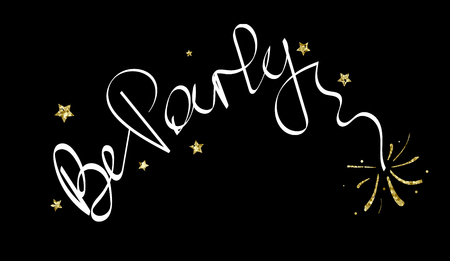 Be party inscription. Black background and calligraphy text. Logo, banner or poster graphic design. In hand draw style. White words and gold glitters. Vector illustration lettering for invitation card, backdrop, web, poster. Shiny Stars and Fireworksのイラスト素材