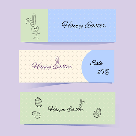 Set Cute Easter banners with bunnies and patterned eggs. Rabbit from lines and dotted texture. Blue, green and beige. Horizontal vector illustration for seasonal sale, invitations, discount, blog background. Stylish design for cover with hareのイラスト素材