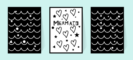 Monochrome drawing for a poster. The inscription mermaid and hearts. Black and white vector illustration for the wall in the nursery. Geometric shapes, stars and waves. Stylish design for print and cards. Funny lettersのイラスト素材