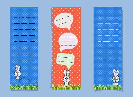 Cute bookmarks with bunny and conversational bubbles. Vertical banners. Orange, blue to white point and place for note. Rabbit jumping on the grass. Vector illustration of a funny hare for notebooks, stickers, to do list, happy easter flyer.のイラスト素材