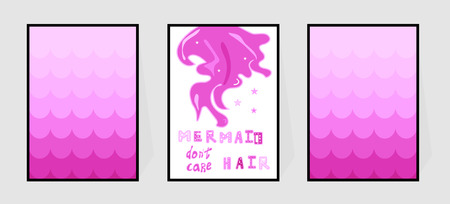 Mermaid hair don't care. Funny lettering. Poster whith gradient pink fish skin and quote about summer. Tail and stars. Vector illustration for print wall art, clothes. Typography magic design inscription in cartoon style.のイラスト素材