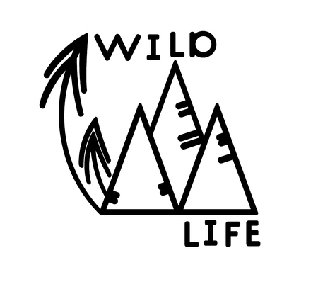 Wild life sticker. Travel lettering for cut plotter, car glass. Simple black vector illustration card or poster tourism on white background. Quote print on textile, shirt, graphic design typography element. Mount and tree fir in minimalism styleのイラスト素材