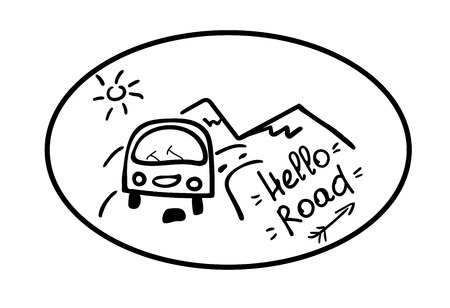 Hello road. The emblem with the car, mountains, the sun and the inscription hand draw. Sticker travel lifestyle. Inspirational quote for card, poster, printing on textiles, crockery. Black and white vector illustration. campingのイラスト素材