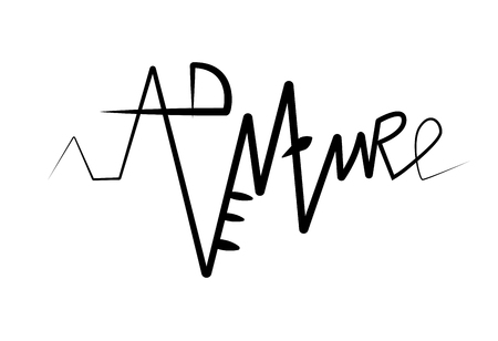 Word for typography poster design. Adventure in the form of a cardiogram. Outer label for window, sticker on the car. Camping life. Tourist phrase for card, print on textiles. Encrypted lettering vector illustration black isolated on white backgroundのイラスト素材