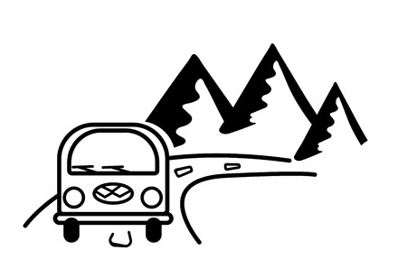Bus, road and mountains. Stylized black and white contours illustration. Vector concept for logo, shirt, stamp. Card print for typography. Sticker on auto glass. Travel emblem, tourist badge. Camper silhouette for poster, wall decalのイラスト素材