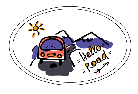 Camper, road and mountains. Stylized illustration in the style of doodle. Logo vector, shirt pattern, print card for typography. Road emblem on auto glass, tourist badge. Camper silhouette for stickers, poster. Careless colors red, yellow, blueのイラスト素材