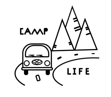 Bus, road and mountains. Stylized black and white contours illustration. Vector concept for logo, shirt, stamp. Card print for typography. Sticker on auto glass. Travel emblem, tourist badge. Camper silhouette for poster, wall decalのイラスト素材