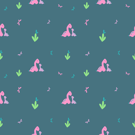 Gentle dino pattern. Pink big, purple little dinosaur and butterflies. Print tile for textiles, clothing. Background for blog or banner. Cards invitations for children birthday girls. Prehistoric animals in the Scandinavian style. Vector illustration.のイラスト素材