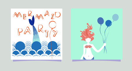 Set of Cartoon Mermaid girl with balloons. Inscription Mermaid party. Summer time siren with hair print cards for party invitations. Waves and character in the Scandinavian style. Vector illustration of sea and fishtail. Blue and red. print on clothesのイラスト素材