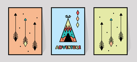 Adventure Inscription and three arrows for print typography. Kids room wall decor of wigwam or tipi in scandinavian style. Vector illustration on blue, green, orange backdrop. Geometric ornamentのイラスト素材