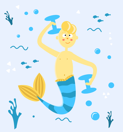 Cartoon mermaid guy playing sports underwater. A man with a tail, dumbbells, bubbles and algae. Vector illustration of a fairytale boy. Novice athlete. Blue colour. Young sirenのイラスト素材