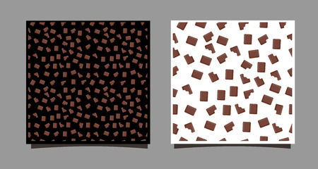 A piece of chocolate. Seamless pattern of whole and bitten chocolates on a black and white background. Vector illustration for gift paper, textile, cover, blog backdrop. For web design and cards, the design of a cafe menu is dessert and sweets.のイラスト素材