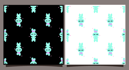 Seamless pattern with blue rabbit. Tile on a black and white background. Cute bunny cartoon character for textiles, print on fabric, gift wrapping. Print for the nursery. Backdrop blog. Wood land. Hare for baby shower. Vector illustrationのイラスト素材
