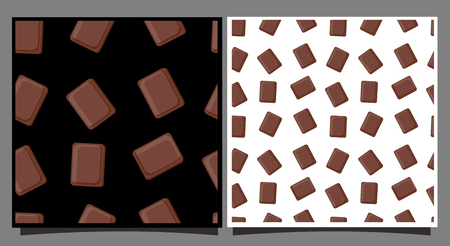 Tiles with chocolate pieces. Seamless pattern with sweets. Cards with white and black background. For printing on fabric, textile, blog backdrop. Design for the walls of a cafe, shop, restaurant menu. Vector illustration dessert for banner, booklet. Flatのイラスト素材