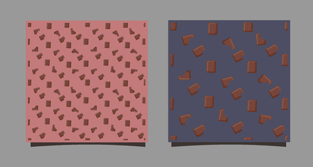 Seamless pattern with chocolate bars. Slices of sweet dessert. Print on fabric, clothes, backdrop site. Vector illustration of a bulk meal. Confectionery menu, coffee house design. Cards or banners. On a gray and dusty pink background.のイラスト素材