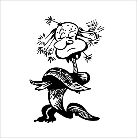 Black and white dandelion sketch. Angry character. Wall decal or poster. Monochrome drawing. Coloring book, print on t-shirt, badge, logo or sticker. Cartoon design of a poster with a plant flowerのイラスト素材