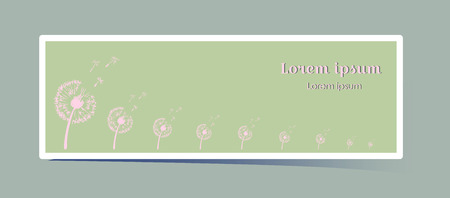 Delicate horizontal banner with dandelion flower. Pink plant silhouette on a grassy green background. With space for text. Cover, flyer, booklet, discount, certificate. Concept logo, web design. Vector illustration for branding. The wind blowsのイラスト素材