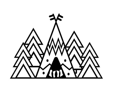 Outdoor sticker wigwam, trees. Camp in a pine forest. Emblem for t-shirts, posters, prints. Vector illustration of wall decal. Tourist pattern for a cutting plotter. Black and white coloringのイラスト素材
