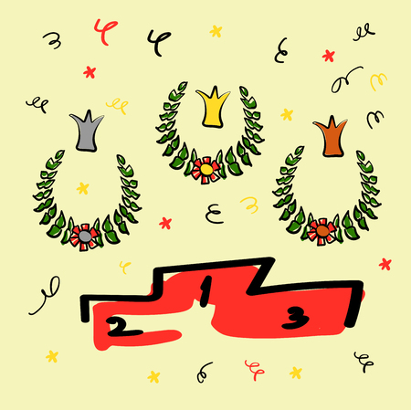 Wreaths for the winners, the crown and the pedestal. Flowers and serpentine. Funny drawings in the style of a sketch. Branches of olive or laurel for the champion. Sports award. Vector illustration.のイラスト素材