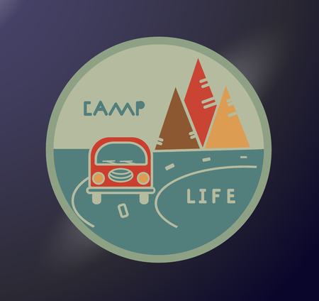 Round sticker in retro style. Inscription Camp Life. Travel emblem. Road tourist. Typography concept for printing. Vacation in the mountains. Adventure label. Vector illustration.のイラスト素材
