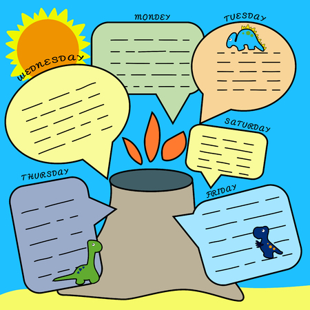 Dino Planner. Print to schedule lessons, to-do list. For schoolchildren and preschoolers. Dinosaurs and an island with a volcano, the sun. Weekly planner in a cute cartoon styleのイラスト素材