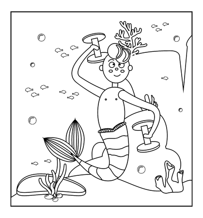 Coloring book. Seascape. Cartoon mermaid boy Athlete underwater. A man with a tail, dumbbells. Bubbles, fish, rocks and algae. Vector illustration with black outline. Fairy-tale siren. Ocean of life. Page game for kids. design for education cardのイラスト素材