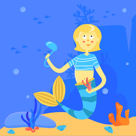 Cartoon mermaid with soup ladle and algae. Character on the background of the sea landscape. Underwater illustration. Siren is a blonde with a blue tail striped shirt. Funny card. Vector. Pensive cook. Poster, print for fabric. Ocean lifeのイラスト素材