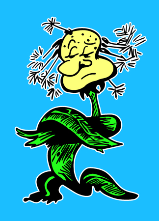 Sketch of a dandelion. Cartoon character. Angry flower for poster. Black contour on a blue background. Card, print on clothes, badge, logo or sticker. Design with a plant. Illustration of hand drawのイラスト素材