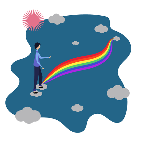 Male enters the rainbow. Among the clouds. LGBT community. Human rights choose love. LGBTQ. Vector illustration of a flat style. Character guy walks along the rainbow road.のイラスト素材