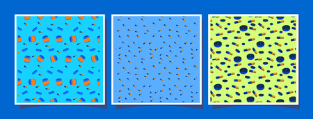 A set of cards with seamless patterns on the medical theme. Tiles with pastille, pills, vitamins. A jar of medicine. Concept on various backgrounds. Vector illustration of flat. Blue and orange pilule. For pharmacy booklets, medical blogs, bannersのイラスト素材