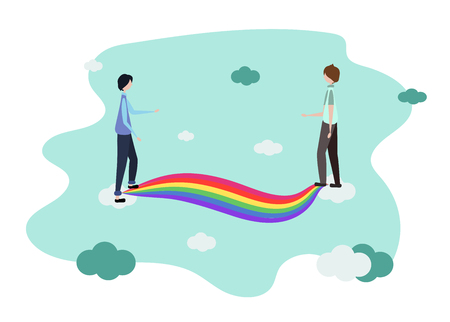 Men walk along the rainbow towards each other. In heaven. LGBT community. Human rights choose relationships. LGBTQ. Vector illustration of a flat style. Character guy meets on the rainbow boyfriend. The sky, the sun. Bridge to meet. Blue pastel colorのイラスト素材