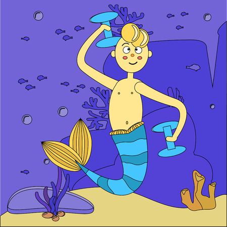 Seascape. Cartoon mermaid guy playing sports underwater. A man with a blue tail, dumbbells. Bubbles, fish, rocks and algae. Vector illustration with black outline. Fairy-tale boy siren. Athlete. Ocean of life. Card, poster for wall art, print, textiles.のイラスト素材