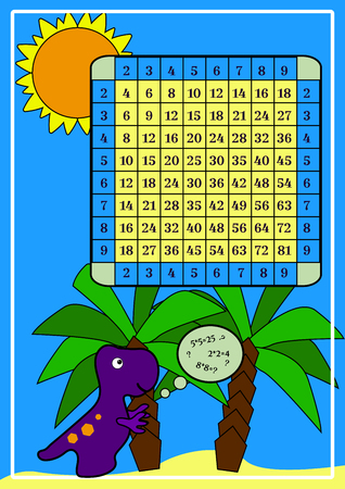 Multiplication table. Square poster with dino for printing educational material of children at school and at home. Violet Tyrannosaurus studies mathematics. The landscape of the island of dinosaurs. Educational card. Vector illustration numbersのイラスト素材