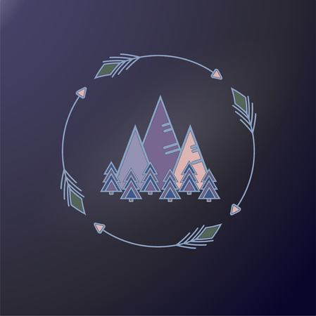 Outdoor sticker. Trees and Mountains in round frame of arrows. print on textile, club shirt, graphic design. Vector illustration. Gray contour and lilac, pink color. Firs and hills. Pattern for cars. Travel lifestyle.のイラスト素材