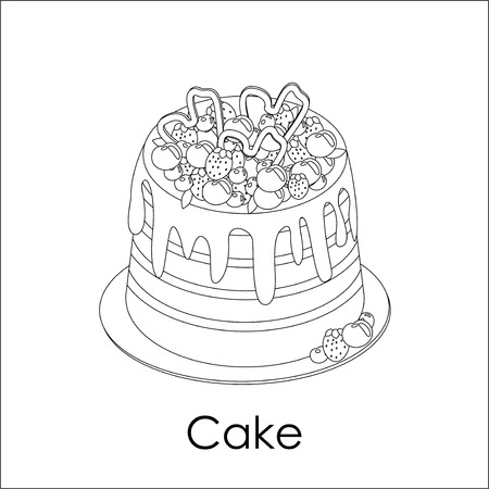 Coloring book page. High striped berry cake in doodle style. Poured on top of chocolate, decorated with assorted strawberries, blueberries, cherries. white round plate. vector dessert illustration. monochrome design. black line object for child bookのイラスト素材