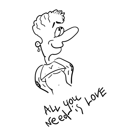 Funny drawing of a girl in the style doodle. She wearing a short sexy top. Smiles and shows her body, Lettering all you need is love. Short haircut, round earring in the ear. Black and white Sketch. Hand drawn vector illustration, logo, print posterのイラスト素材