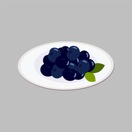 Vector illustration. Isometric Forest Blueberries on a plate. Large ripe fresh berries of rich blue color with green leaves. On a white round plate. To create an interior decor, print cloth, icons in the restaurant menu, textile, fabric, paper scrapのイラスト素材