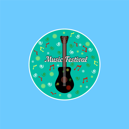 Classic acoustic black guitar with six strings in cartoon style with lettering music festival. On a round green background with multi-colored symbols of notes, spirals. To create labels, banners, flyers, websites. Vector illustrationのイラスト素材