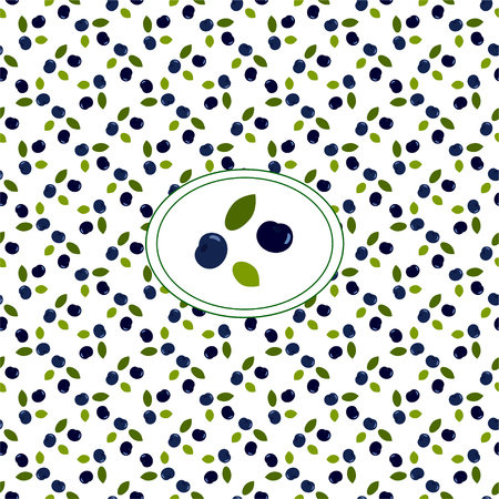 Vector illustration. Seamless pattern. Ripe fresh natural forest blueberries with small green leaves on a white background. For background packaging, textile, fabric, wrapping paper, wall interior decor, paper scrapbook, greeting card, print on clothのイラスト素材