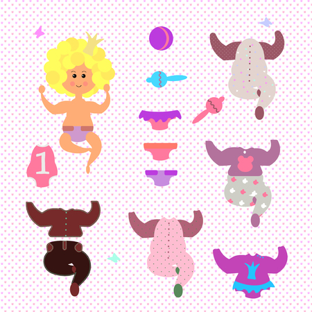 Baby doll with golden curls and a crown. With a set of clothes, a rattle and a ball. Diaper, body, romper, panties, skirt. Funny character in cartoon style. Girl paper doll. Vector illustration. Print and cut out. Leisure for children. Pink butterflyのイラスト素材