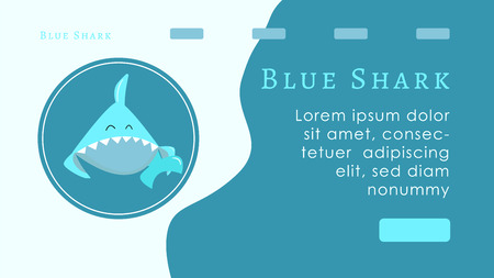 The concept of the first screen of the target page. Blue shark cartoon character in round frame. Logo fish and bubbles. Mascot. Web site or banner layout. Blue split background. Space for text and turquoise button.のイラスト素材