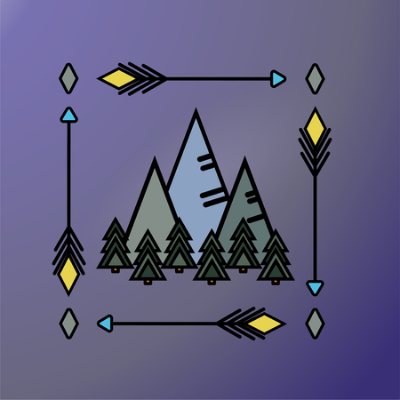 Mountains and pine forest in minimalism style in square frame of arrows. Outdoor club sticker, logo, print clothes, bag, decal wall. Black contour and yellow, green, gray color. Stained glass. Vector illustration of a card or poster.のイラスト素材