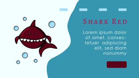 Landing page concept. Red shark cartoon character. Logo fish and bubbles. Mascot. Web site or banner layout. Blue background. Place for text and burgundy buttonのイラスト素材