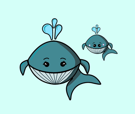 Cute cartoon characters marine animal. Mother whale and little whale. Gray stripes. With a fountain of water. Vector illustration in kawaii style. For print clothing models, textile. Baby shower invitation card. Poster on wall kid roomのイラスト素材