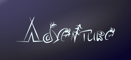 Adventure encrypted in symbols. Word for typography poster design. Outdoor label on the glass sticker on the car. Camping life. Tourist phrase for a card, print on textiles. Lettering from a tent, tree, monster. Vector illustration white lineのイラスト素材