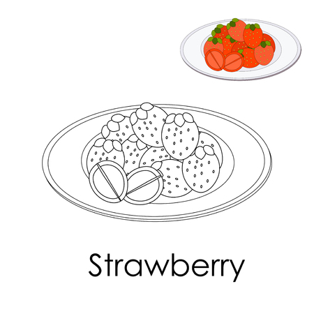 Coloring book Forest strawberry on a plate. Monochrome illustration Large berries with leaves. Poster print for leisure kid. Restaurant menu, paper scrap. Vector silhouette wild berry. Color page whith sampleのイラスト素材